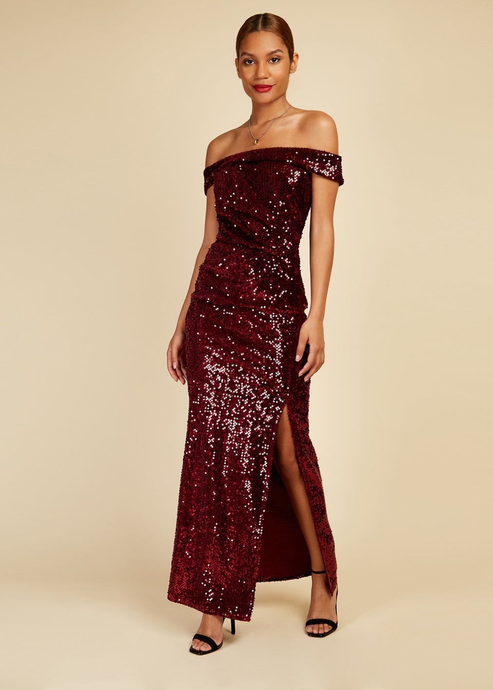 Little Mistress Red Bardot Sequin On Velvet Maxi Dress