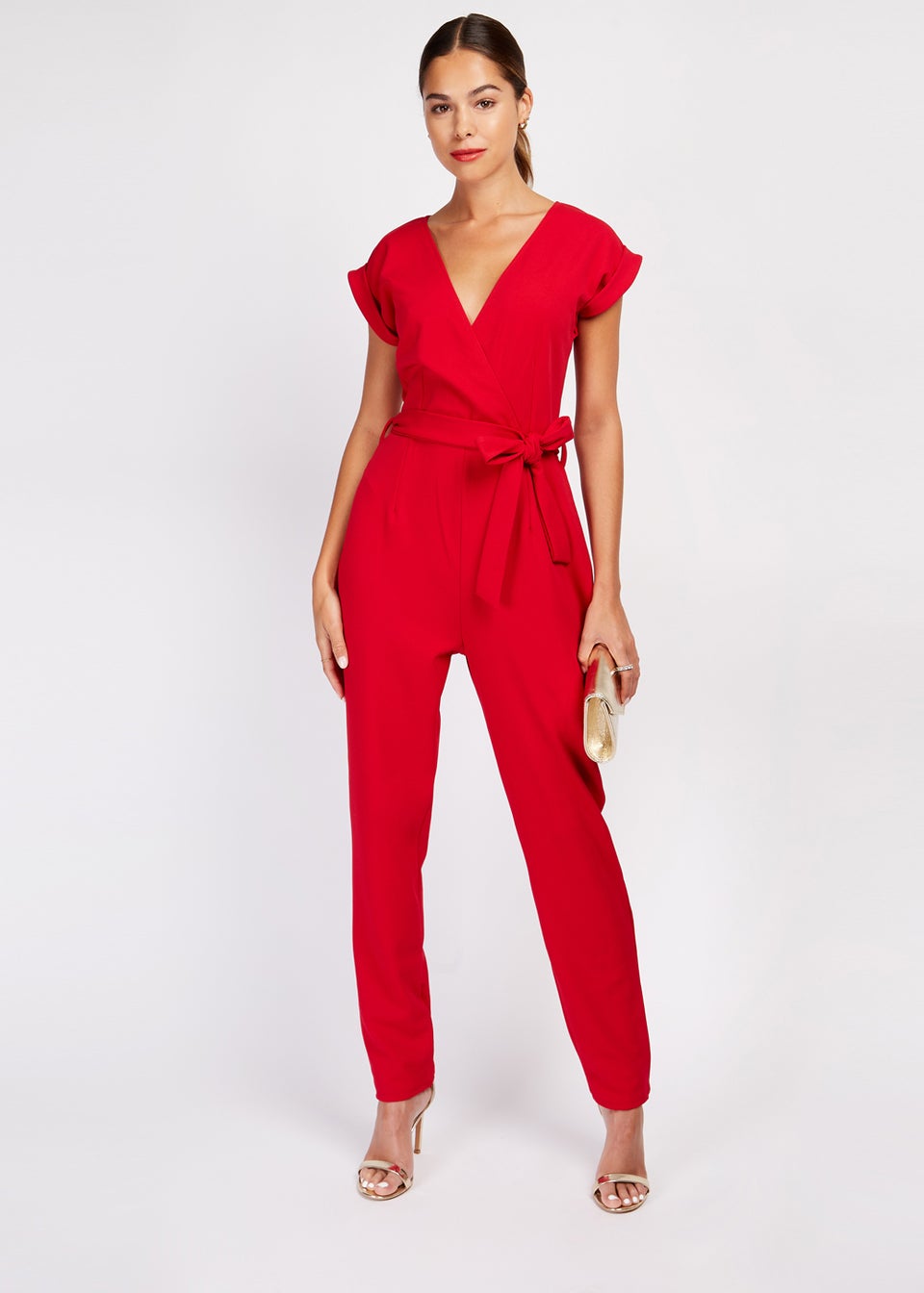 Girls on Film Red Stretch Crepe Jumpsuit - Matalan