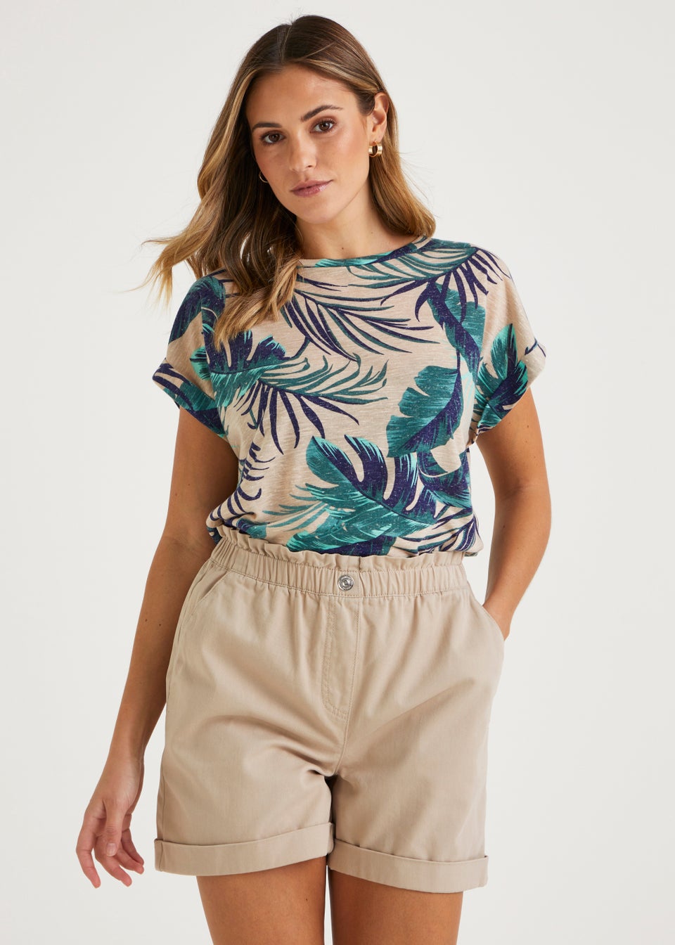 Beige Leaf Print Linen Blend T-Shirt
