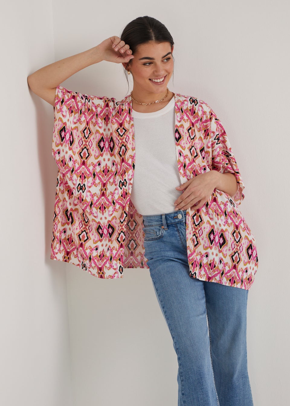 Pink Ikat Dobby Textured Kimono