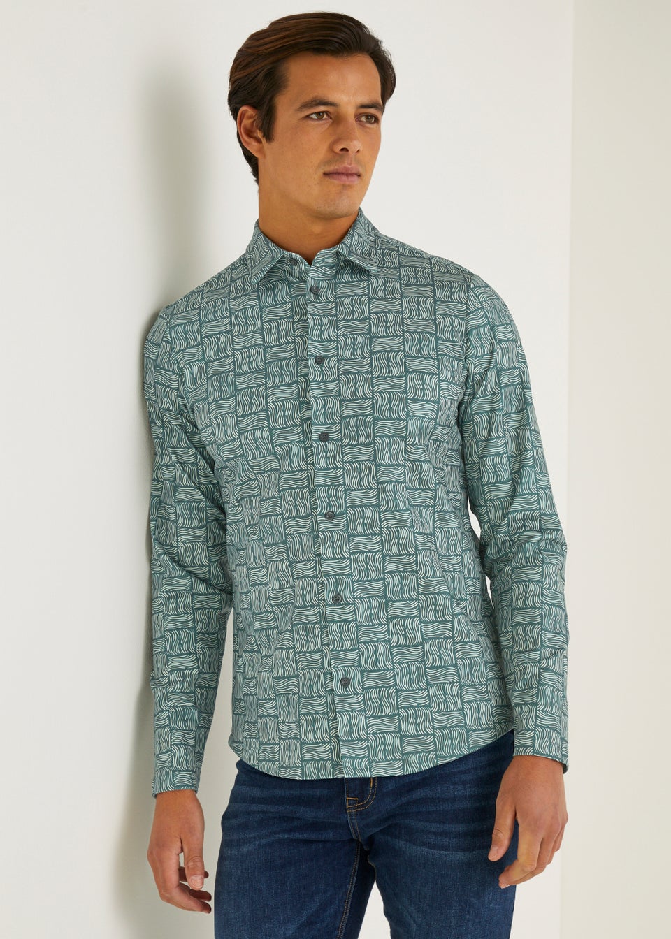 T&W Teal Print Stretch Shirt
