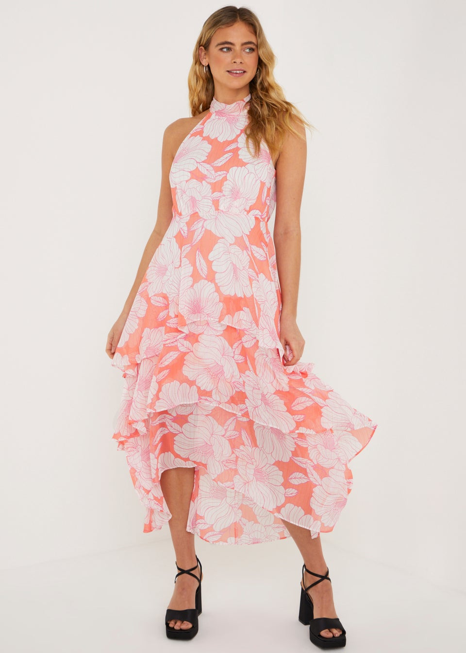 Be Beau Orange Floral Tiered Chiffon Midaxi Dress