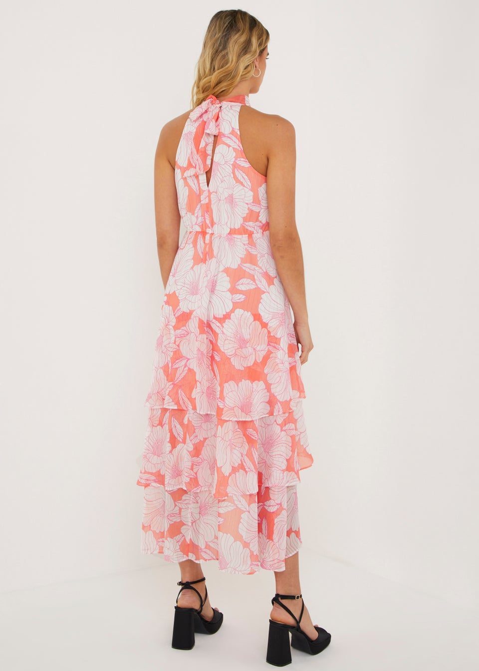 Be Beau Orange Floral Tiered Chiffon Midaxi Dress
