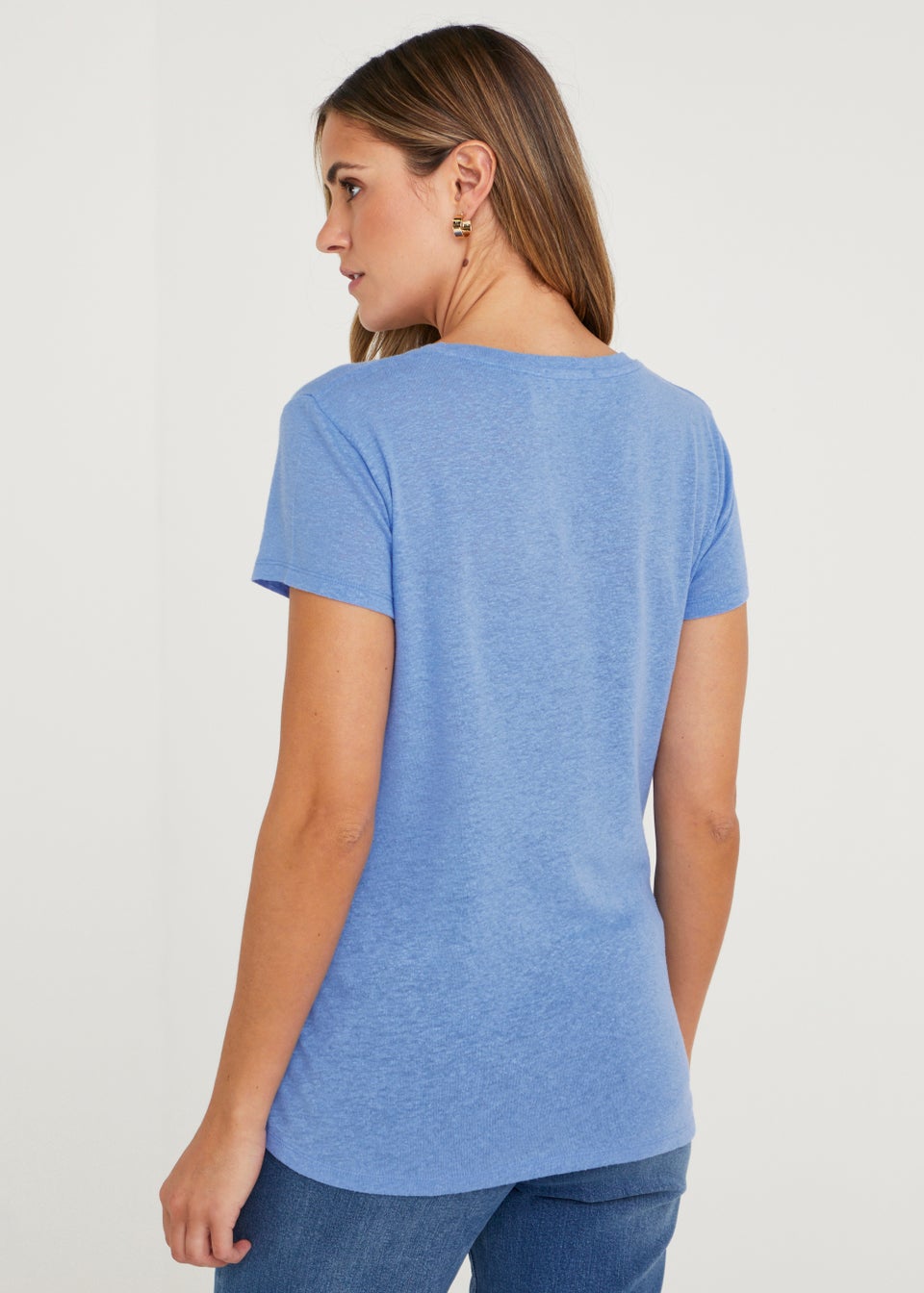 Blue Linen Blend V-Neck T-Shirt