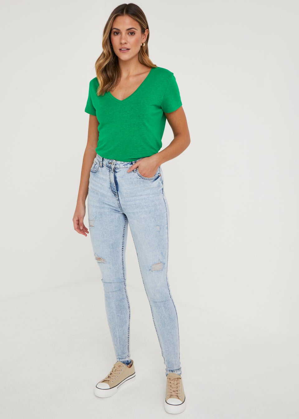 Green Linen Blend V-Neck T-Shirt