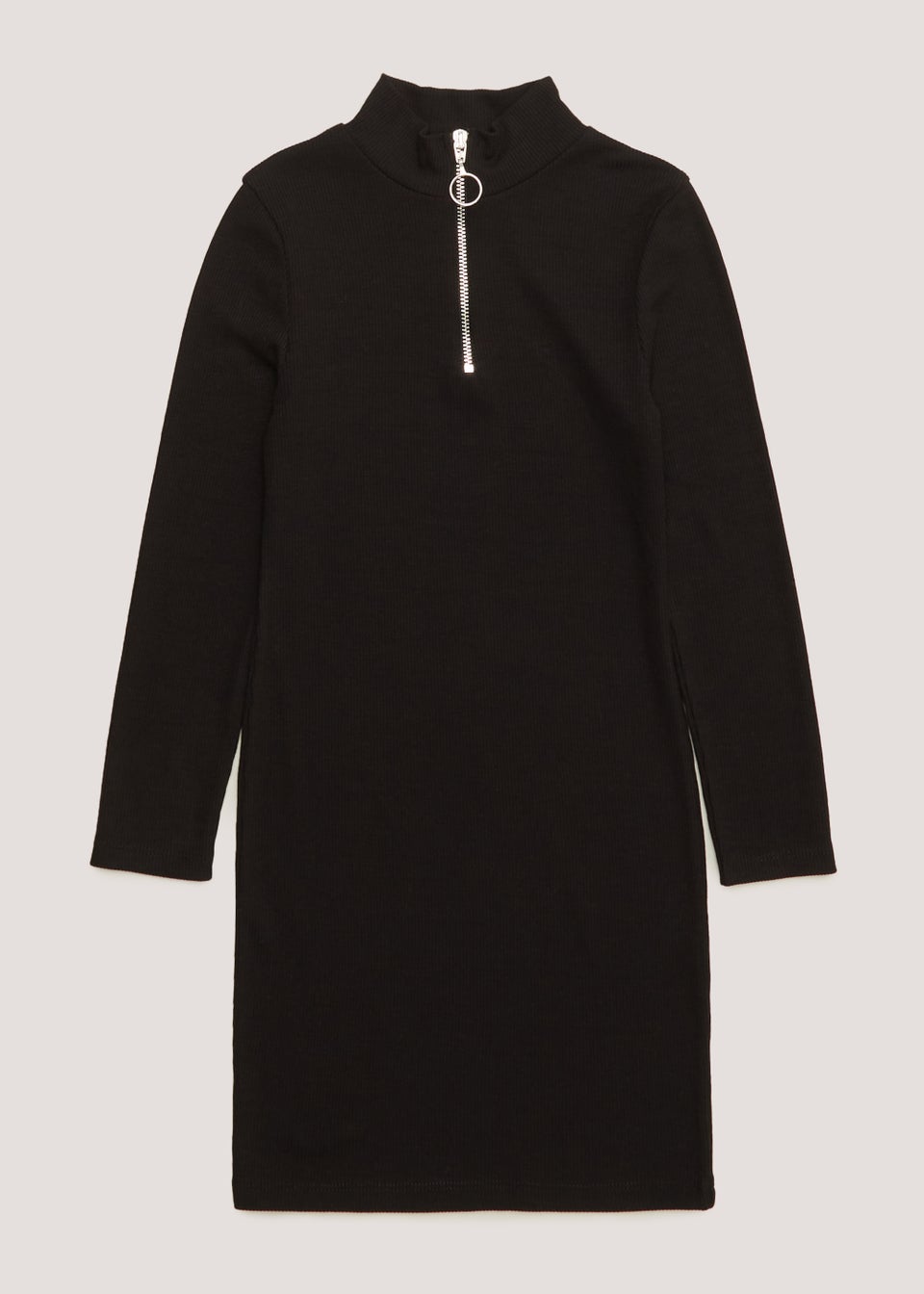 Girls Black Half Zip Long Sleeve Ribbed Dress 4 13yrs