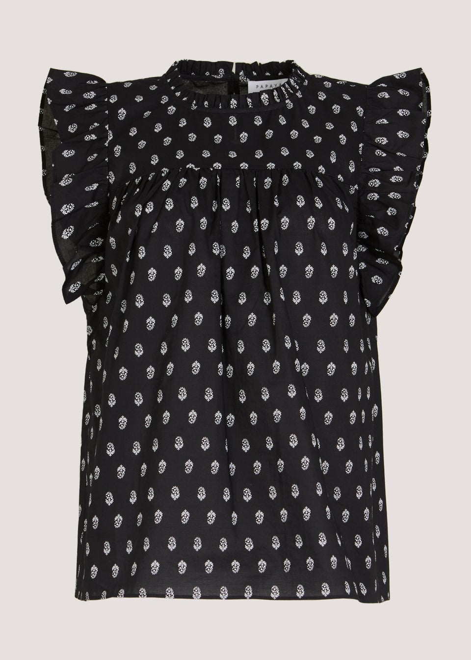 Black Print Frill Sleeveless Blouse