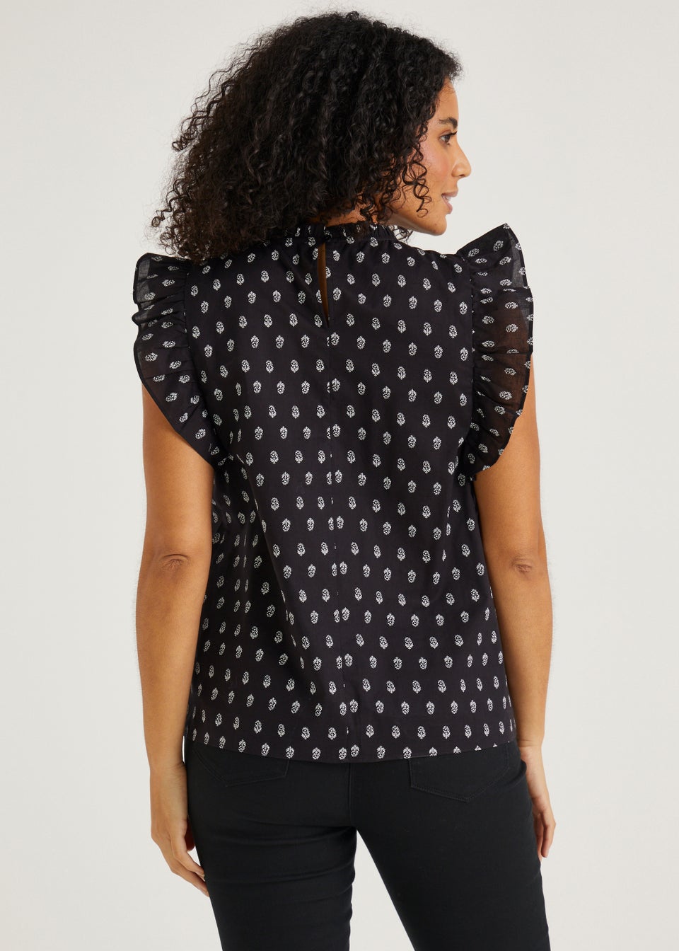 Black Print Frill Sleeveless Blouse