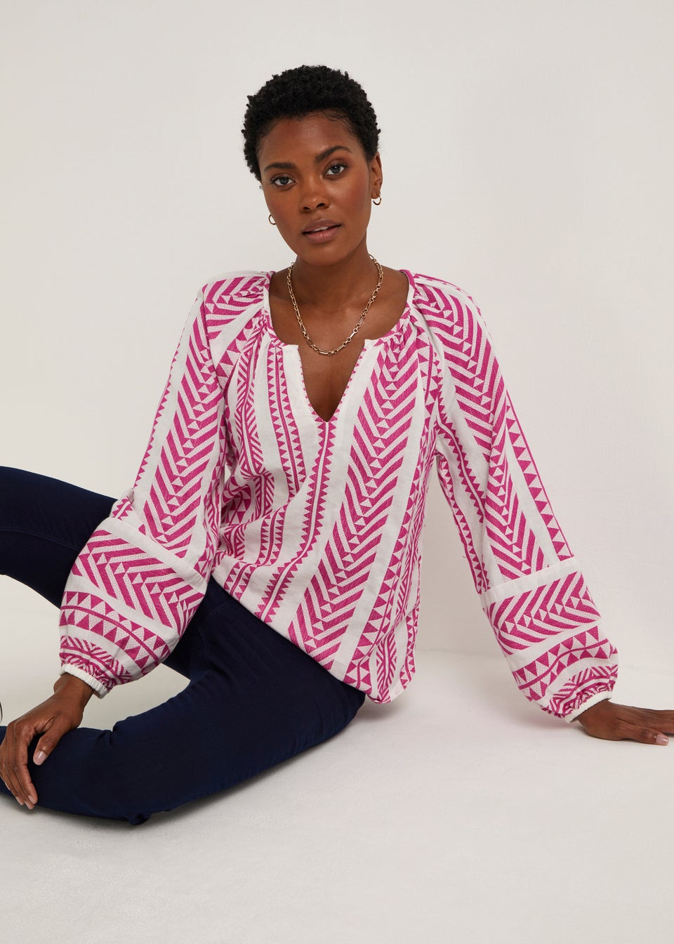 Pink Aztec V-Neck Blouse