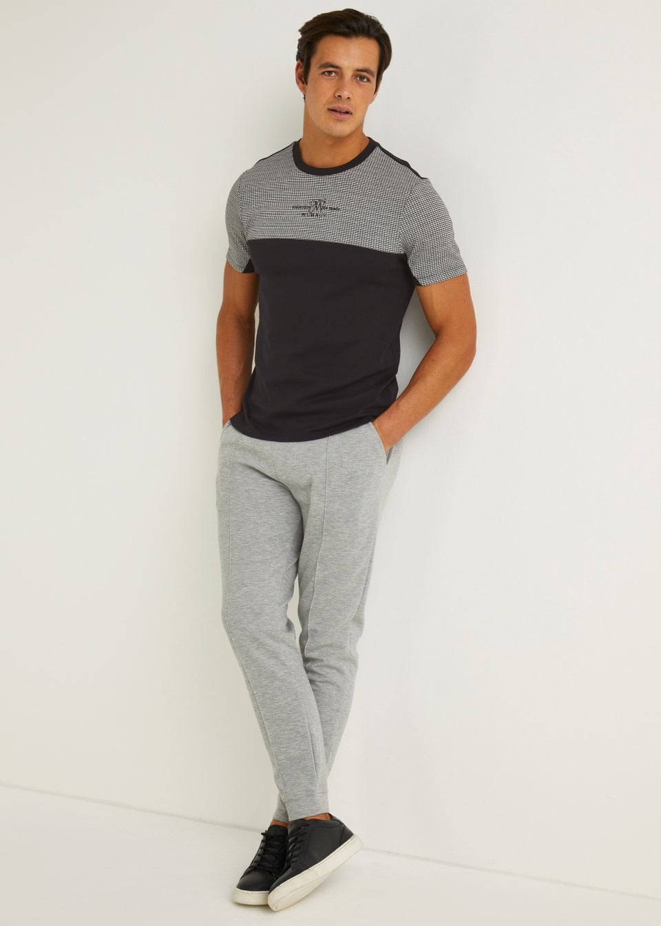 T&W Black Check Panel T-Shirt