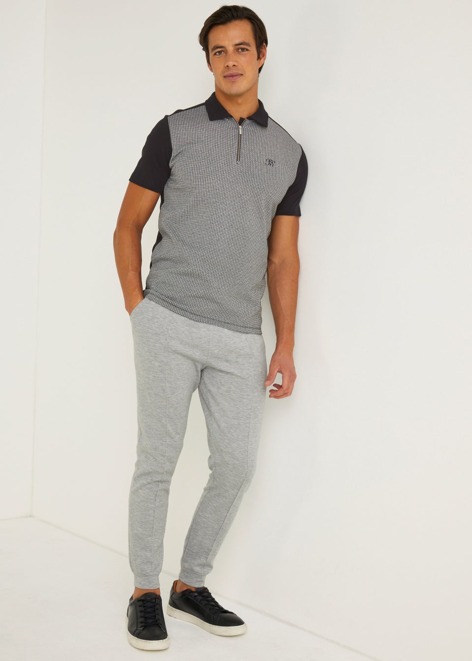 T&W Black Check Panel Polo Shirt