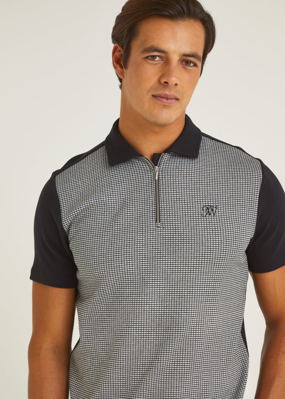 T&W Black Check Panel Polo Shirt