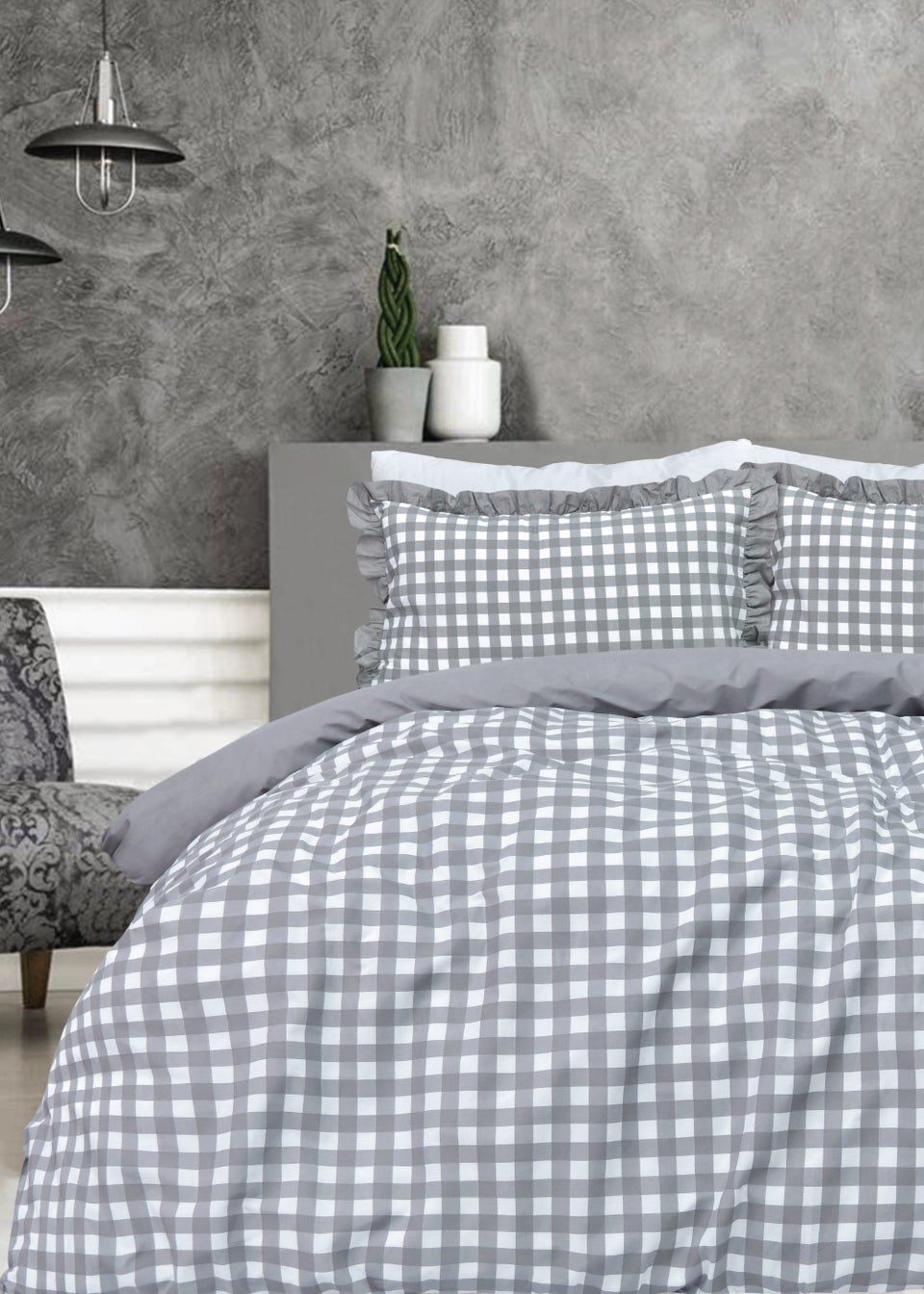 Sleepdown Grey Gingham Ruffle Duvet Cover