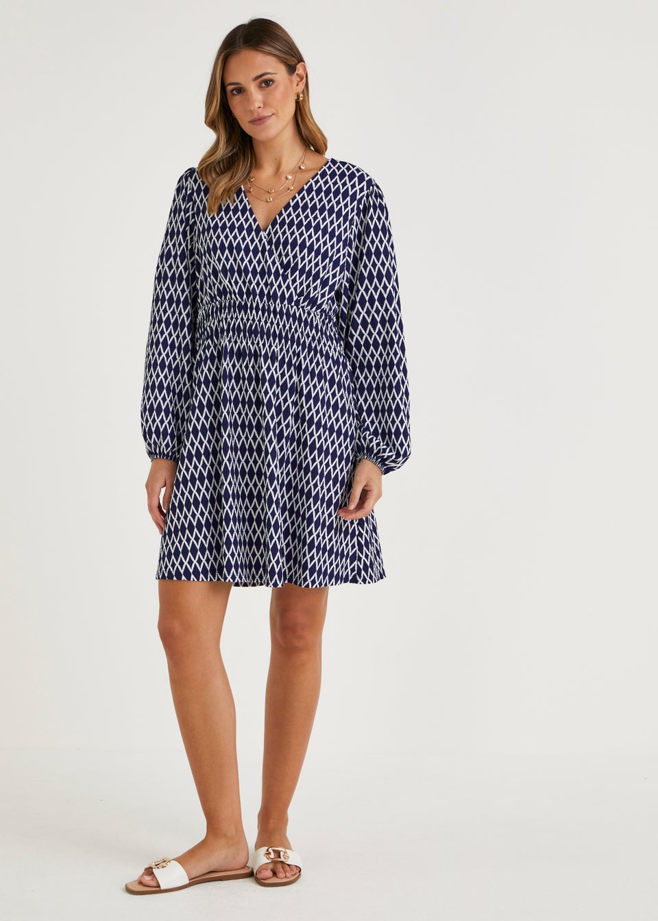 Blue Geo Print Jersey Mini Dress
