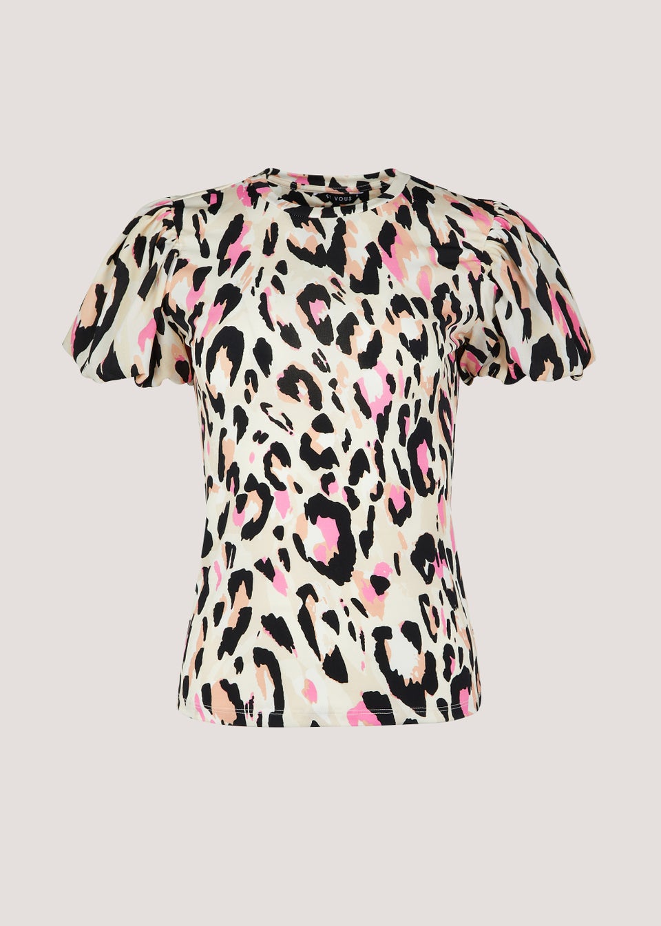 Et Vous Ecru Animal Print Puff Sleeve Woven Top