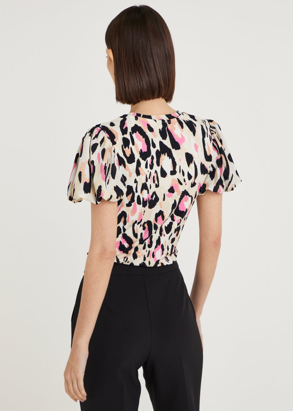 Et Vous Ecru Animal Print Puff Sleeve Woven Top