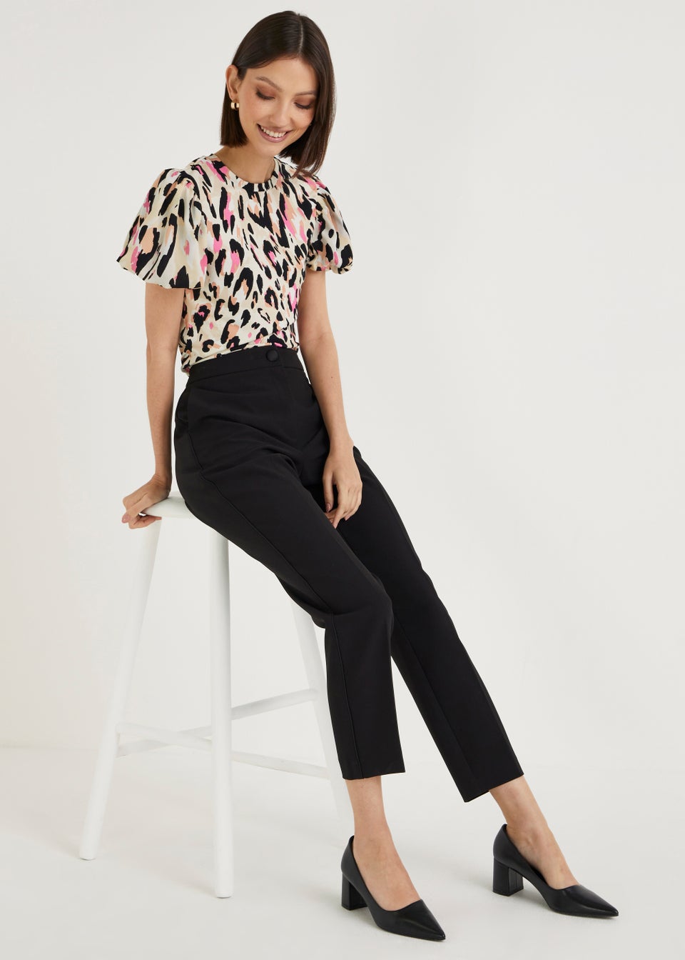 Et Vous Ecru Animal Print Puff Sleeve Woven Top