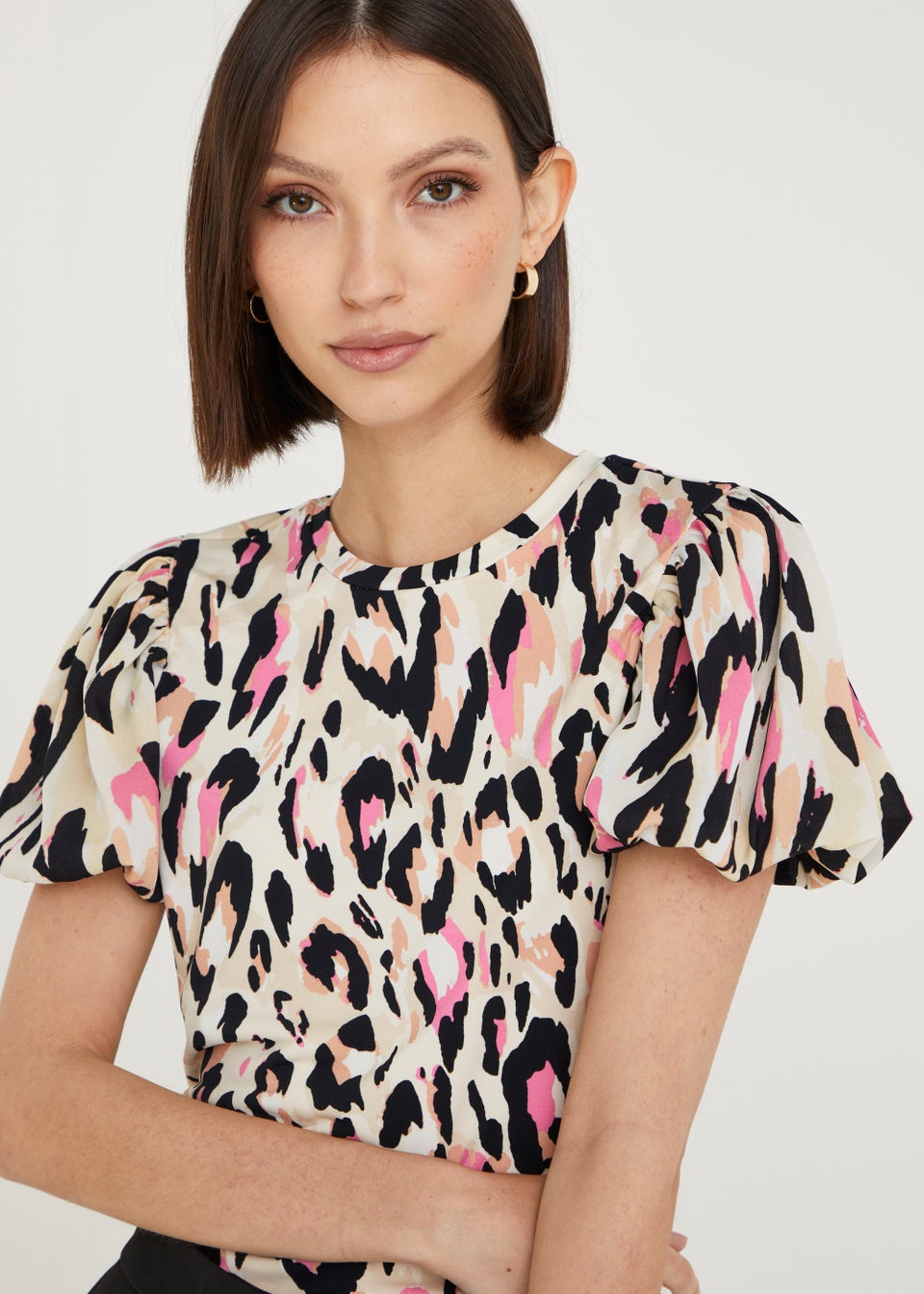 Et Vous Ecru Animal Print Puff Sleeve Woven Top Matalan