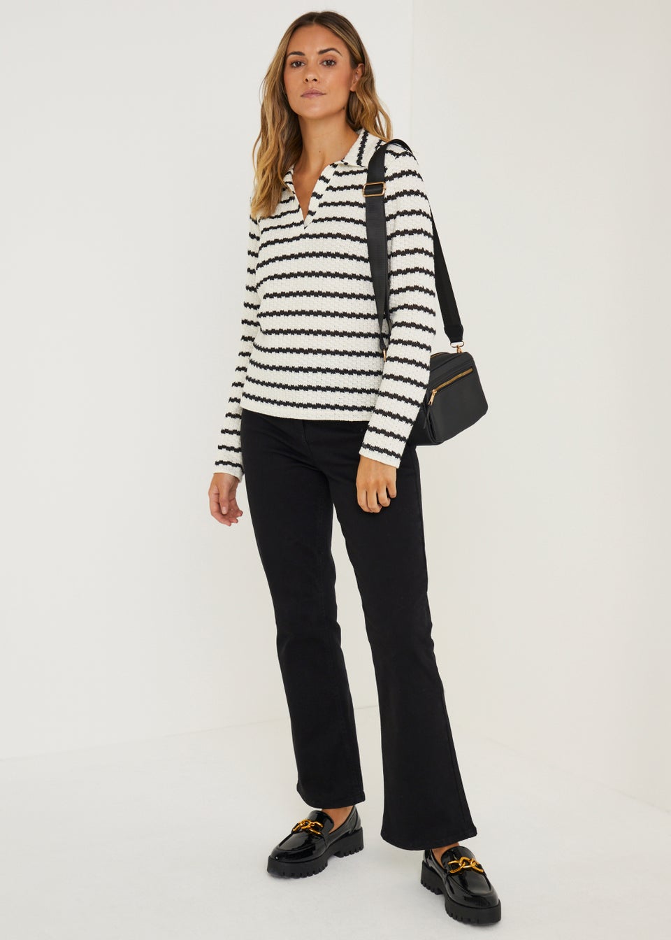 Cream Stripe Textured Long Sleeve Polo Top