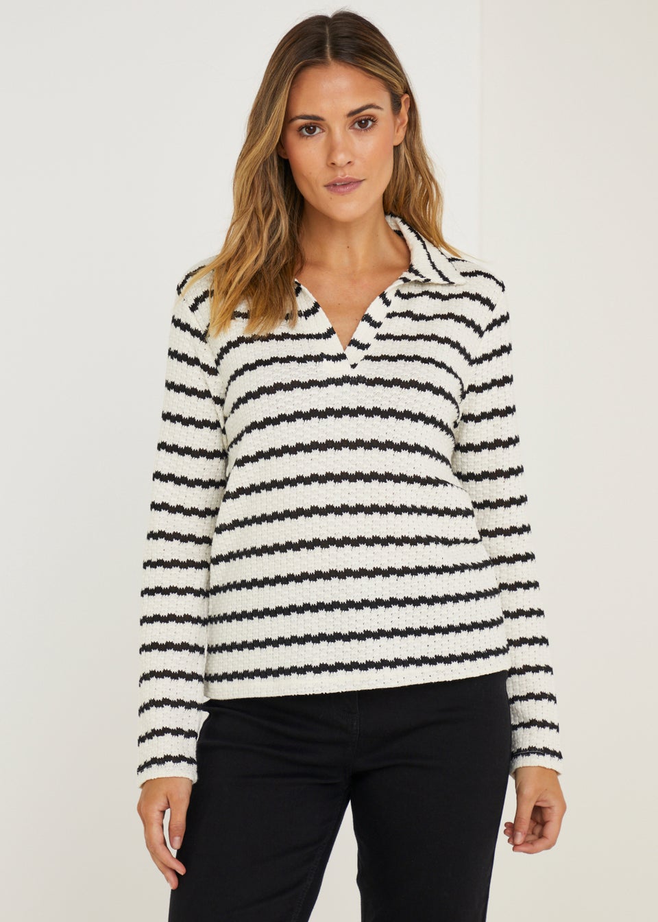 Cream Stripe Textured Long Sleeve Polo Top