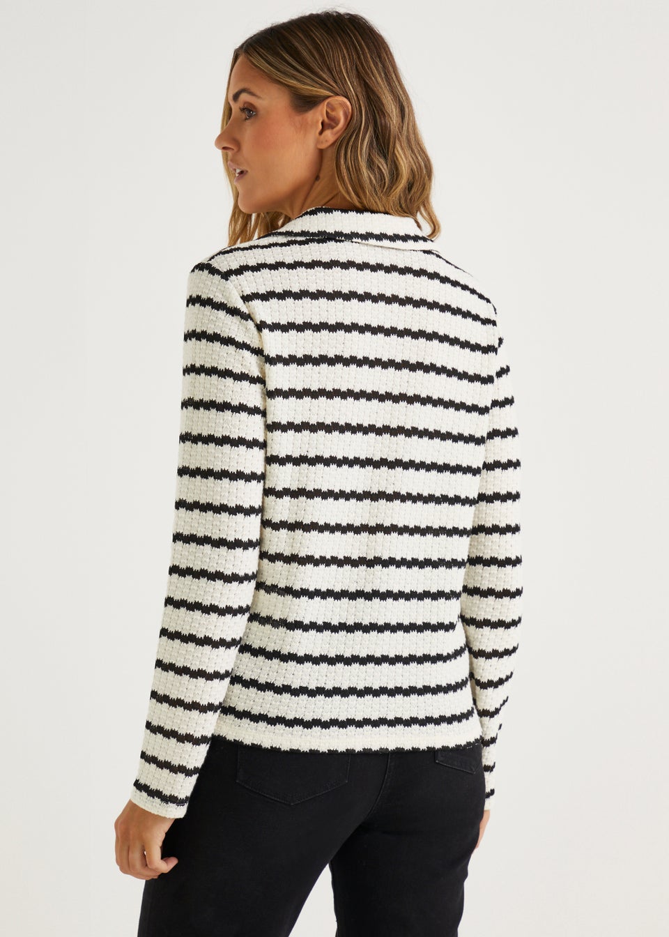 Cream Stripe Textured Long Sleeve Polo Top