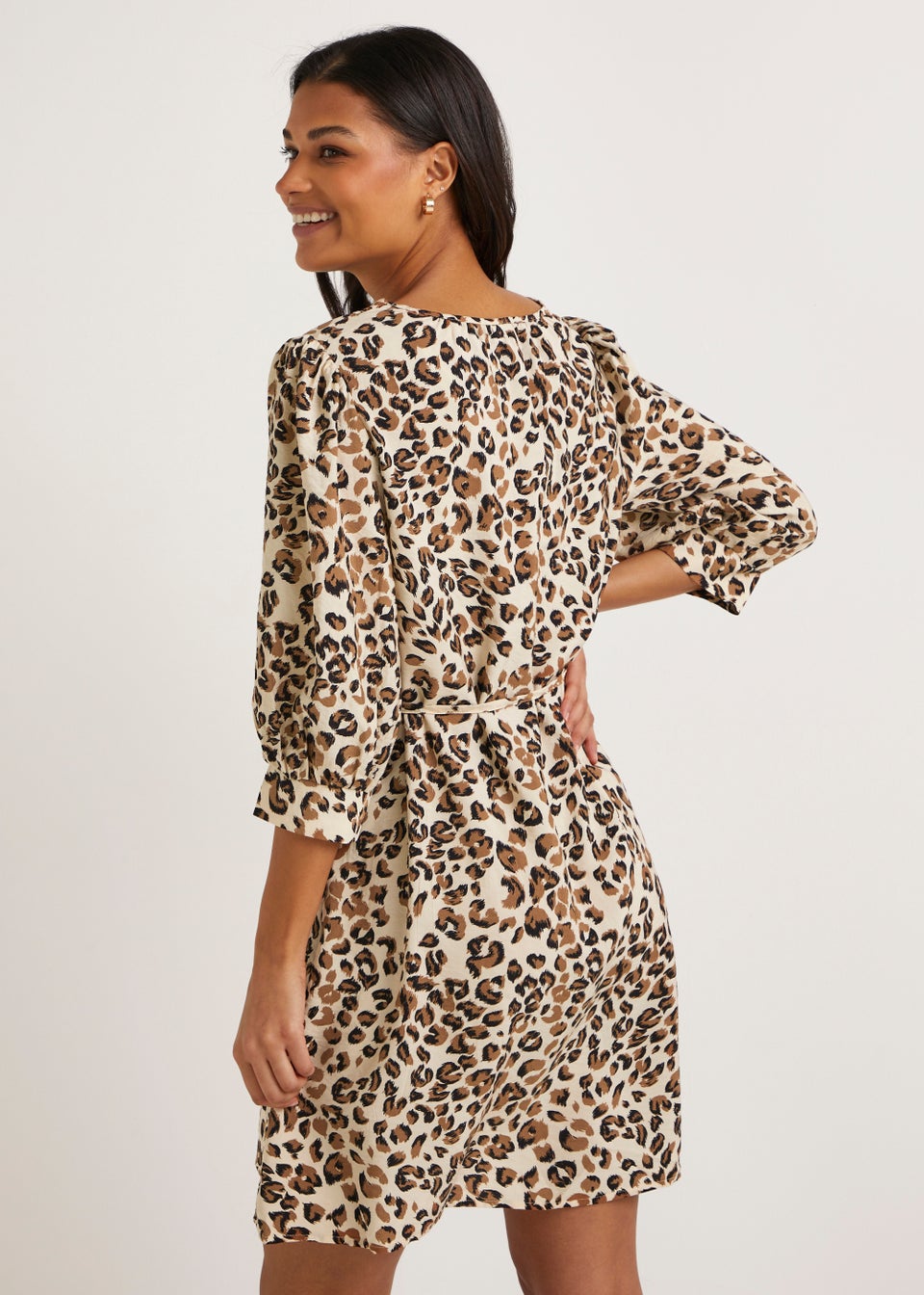 JDY Ava Beige Animal Print 3/4 Sleeve Mini Dress - Matalan