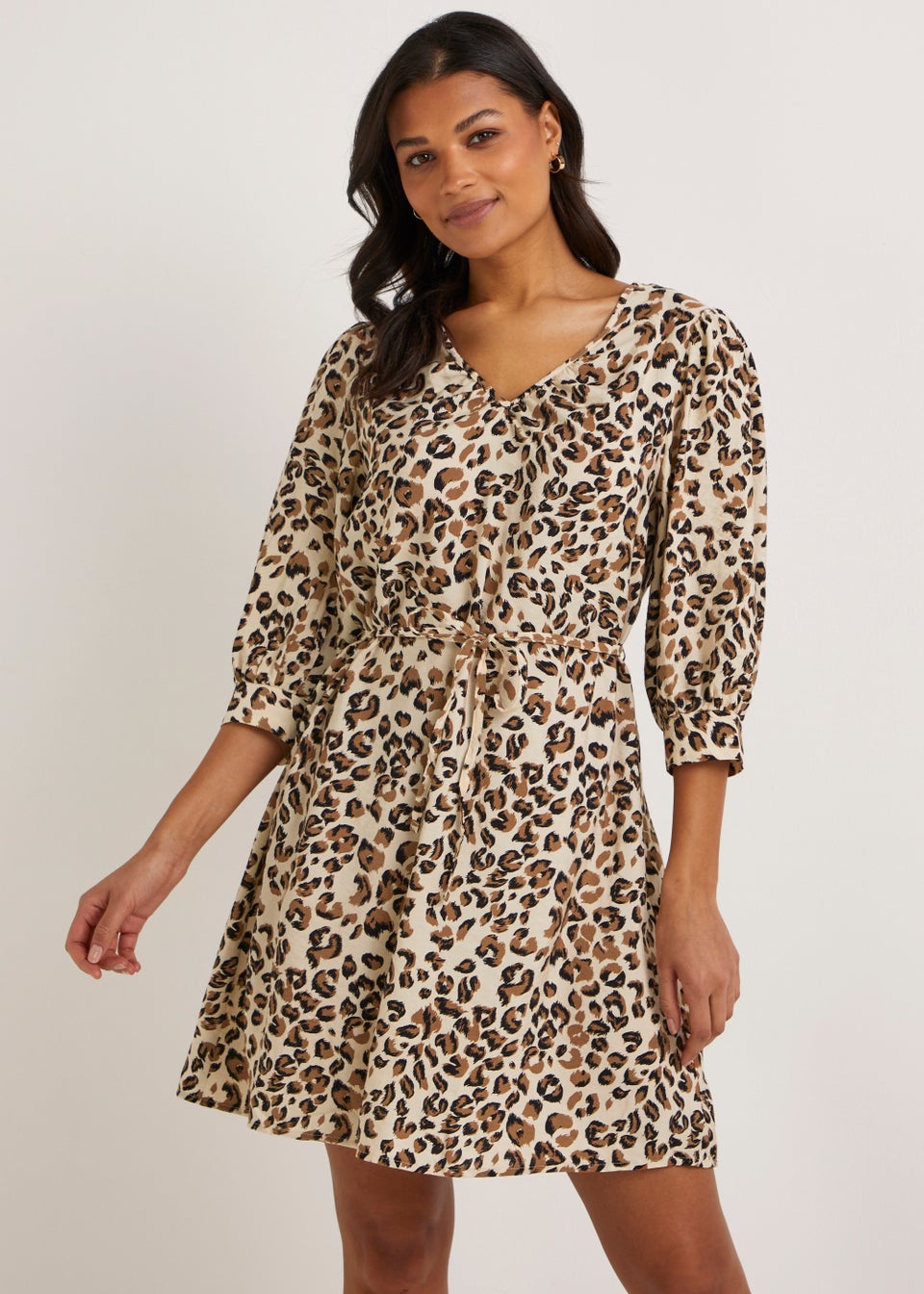 JDY Ava Beige Animal Print 3/4 Sleeve Mini Dress - Matalan