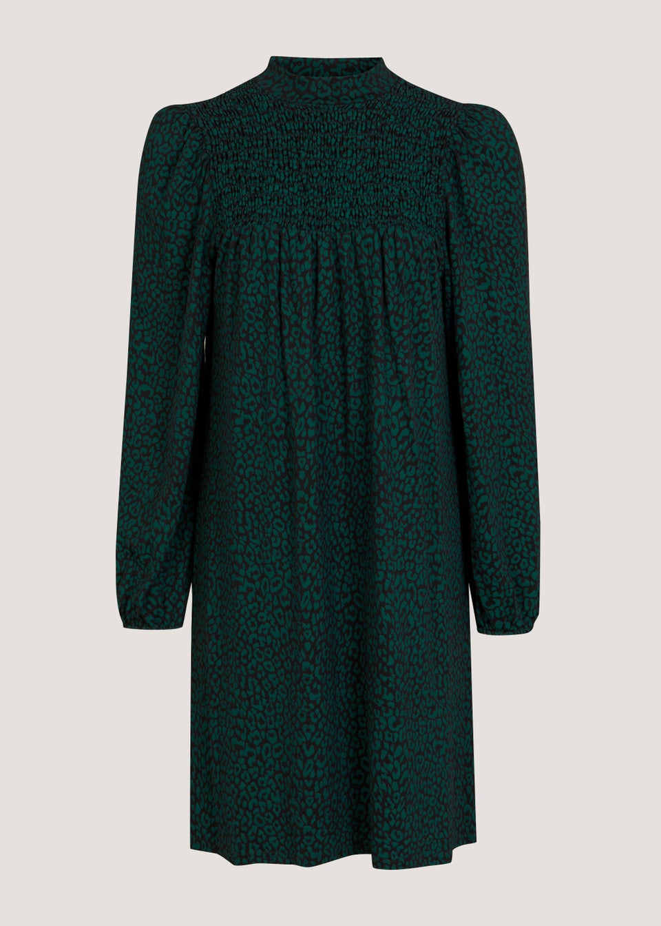 Black Green Animal Print Shirred Mini Dress