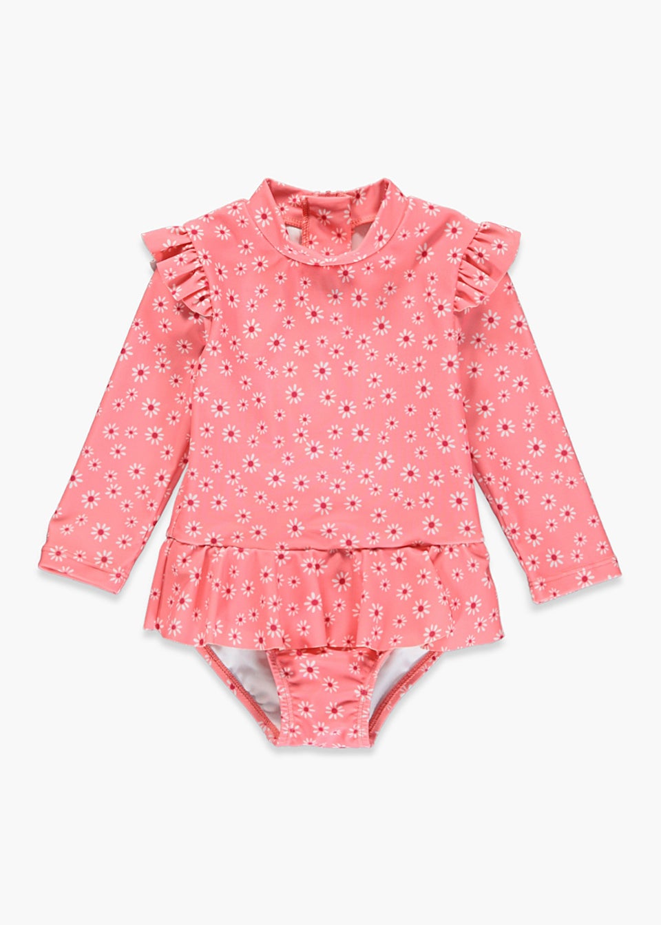 Girls Pink Floral Frill Long Sleeve Swimming Costume (3mths-6yrs)