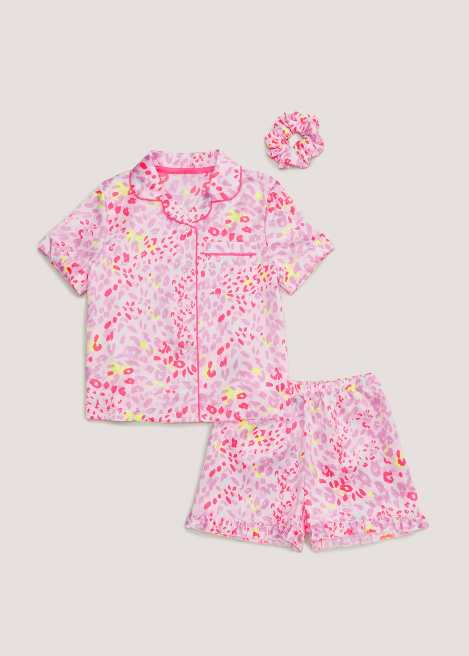 Girls Pink Leopard Satin Button Up Pyjama & Scrunchie Set (4-13yrs)