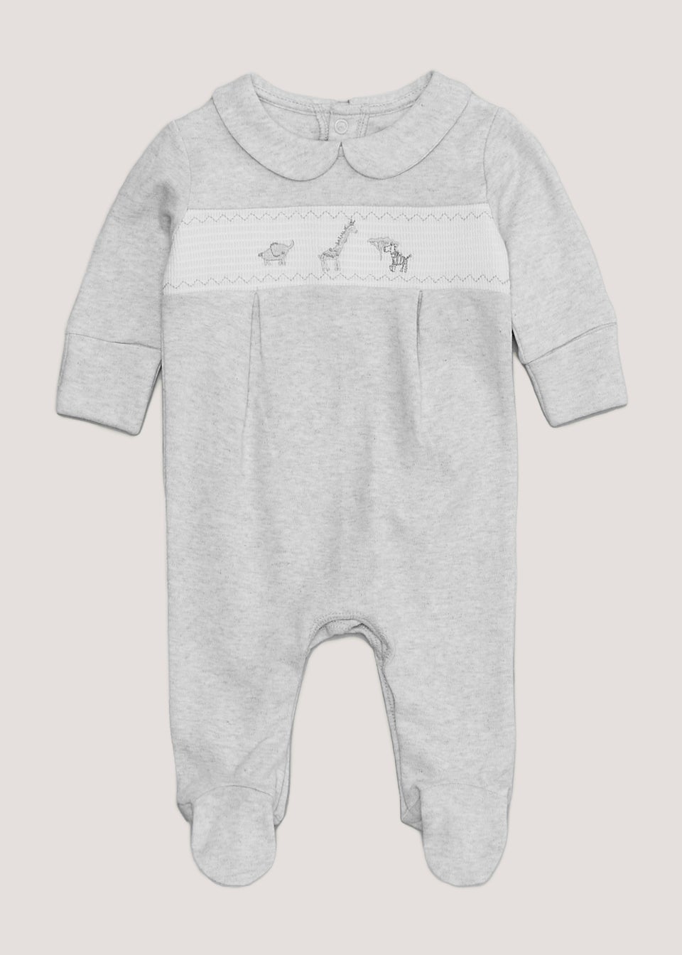 Baby Grey Safari Smocked Sleepsuit (Tiny Baby-12mths)