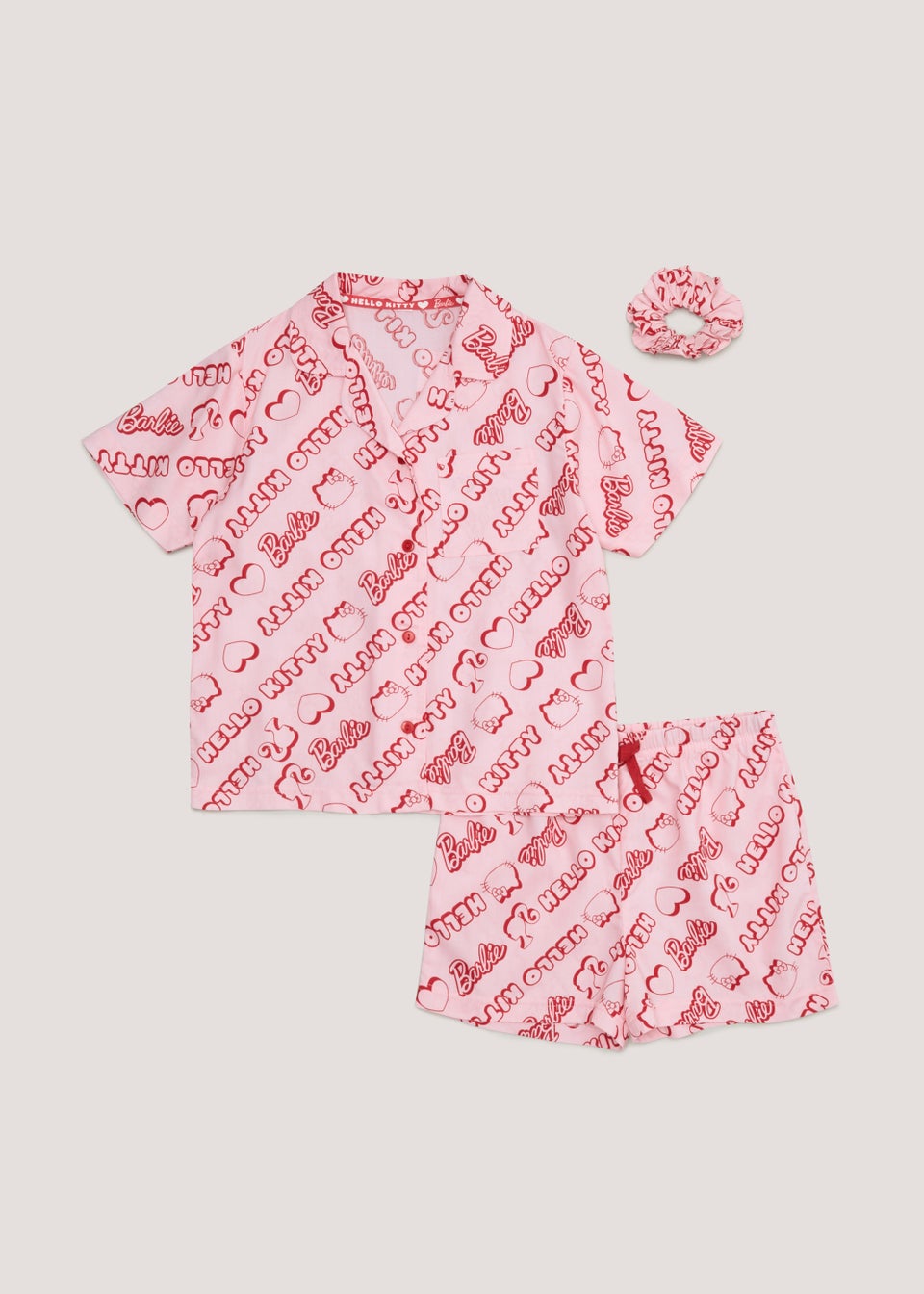 Kids Pink Barbie & Hello Kitty Button Up Pyjama & Scrunchie Set (5-10yrs)