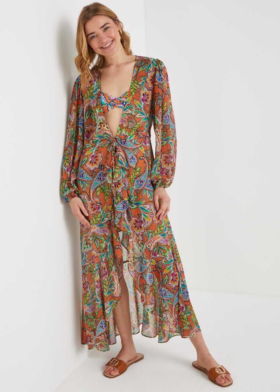 Be Beau Orange Paisley Chiffon Kimono