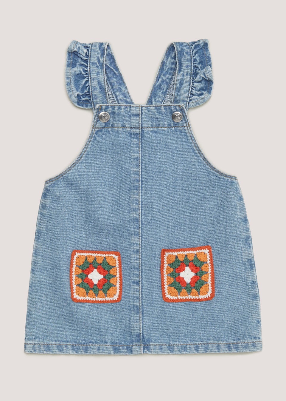 Girls Denim Crochet Patch Pinafore Dress (9mths-6yrs)