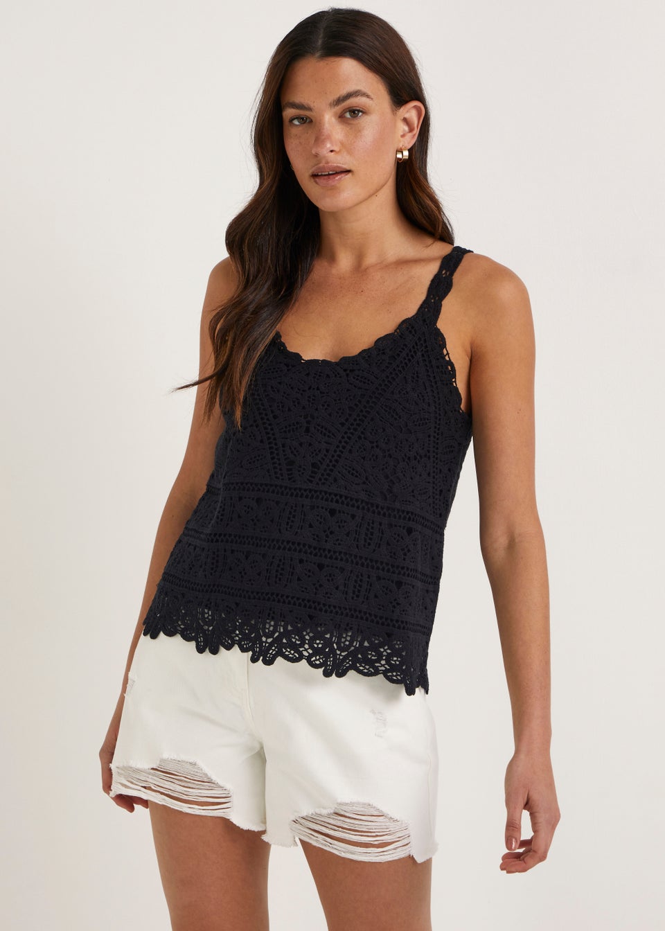 Black Lined Lace Crochet Cami Top - Matalan