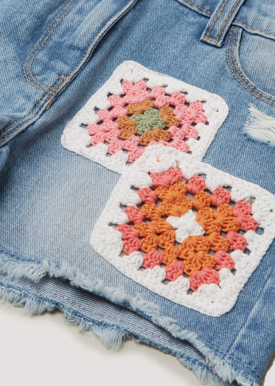 Girls Mid Wash Crochet Patch Denim Shorts (4-13yrs) - Matalan