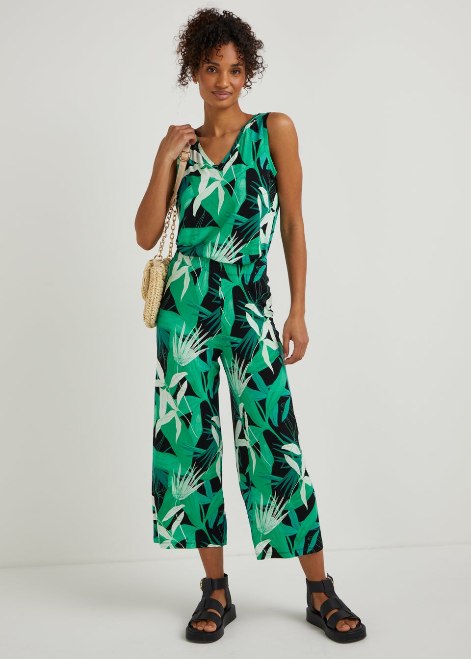 Black Palm Print Cropped Co-Ord Trousers