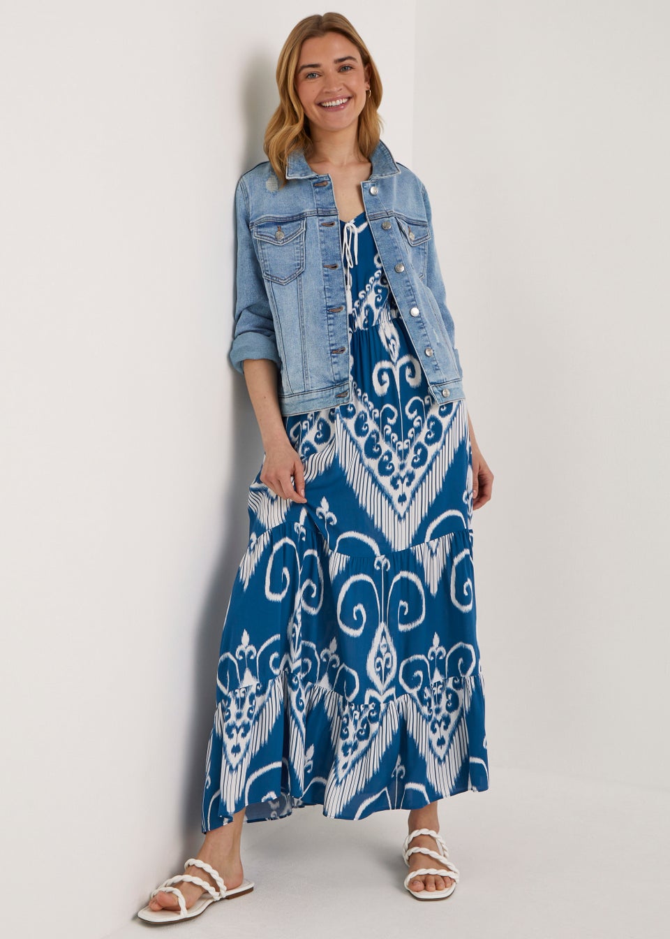 Blue Aztec Print Tassel Maxi Dress