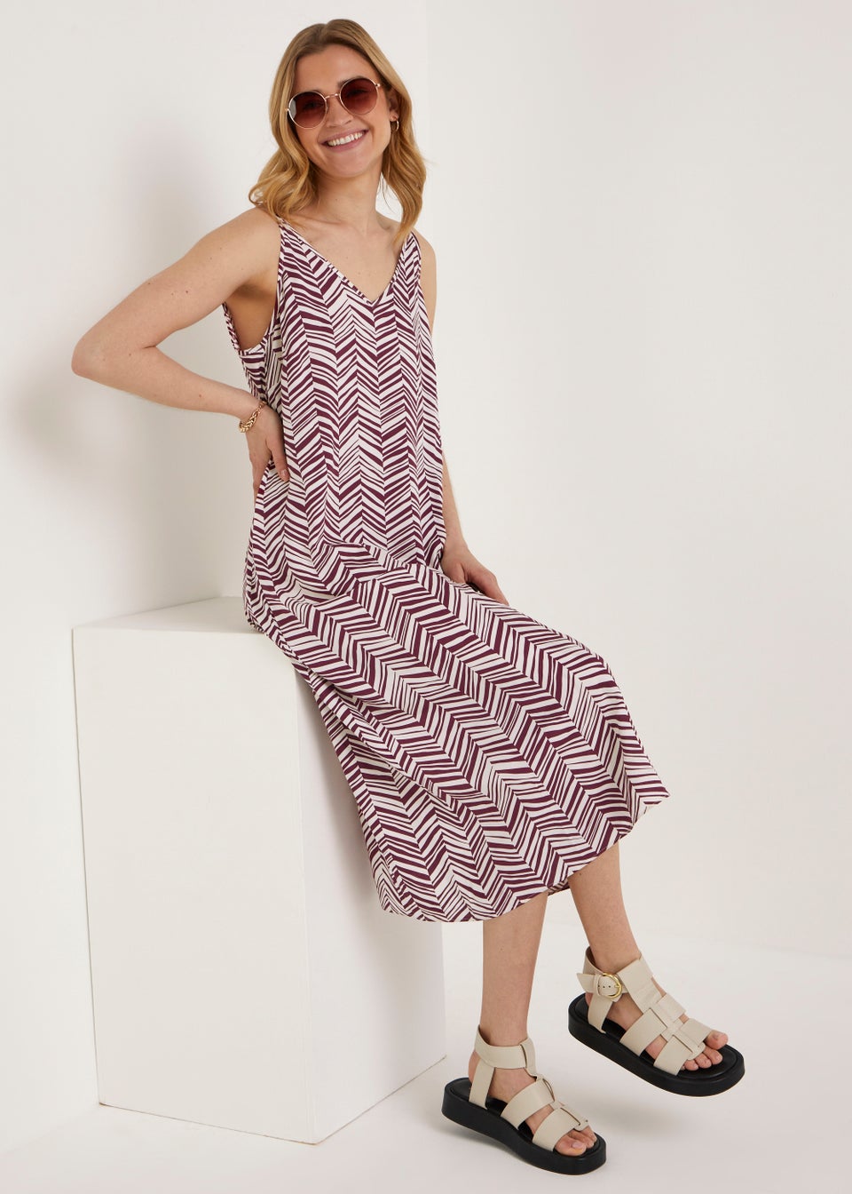 Brown Zigzag Midi Cami Dress
