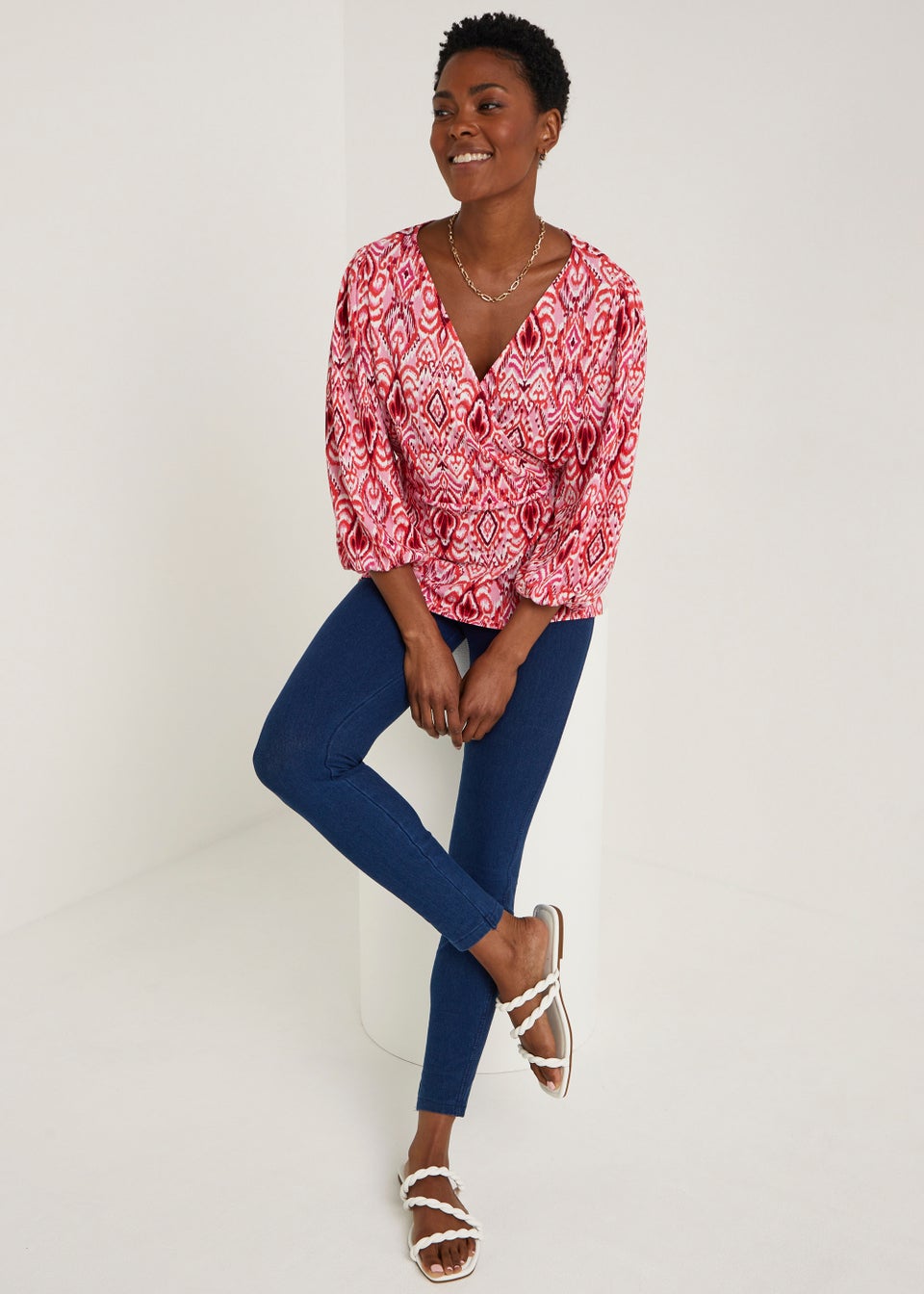 Pink Print Wrap Front Top