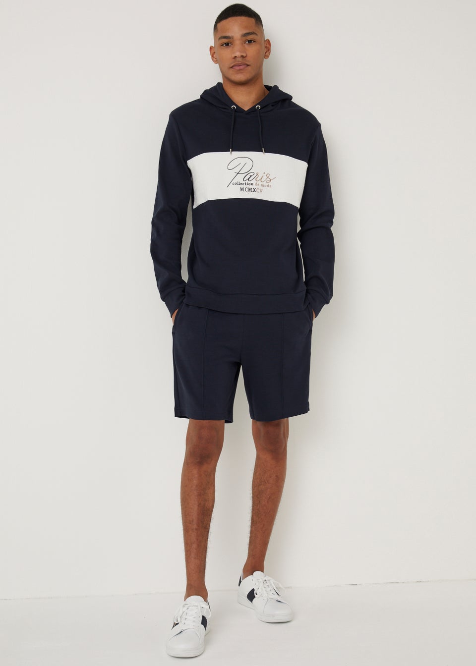 T&W Navy Textured Front Panel Hoodie