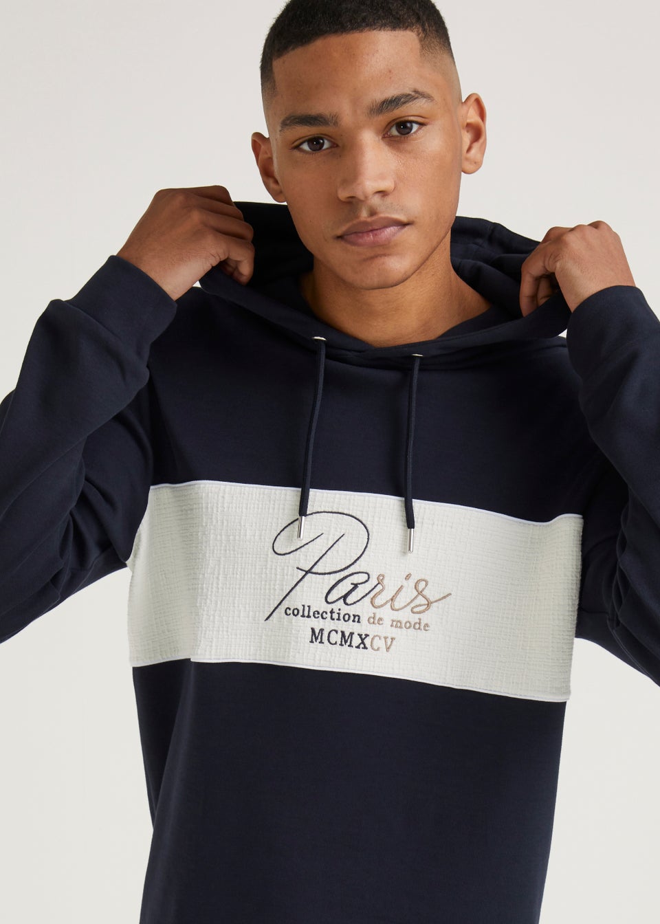 T&W Navy Textured Front Panel Hoodie