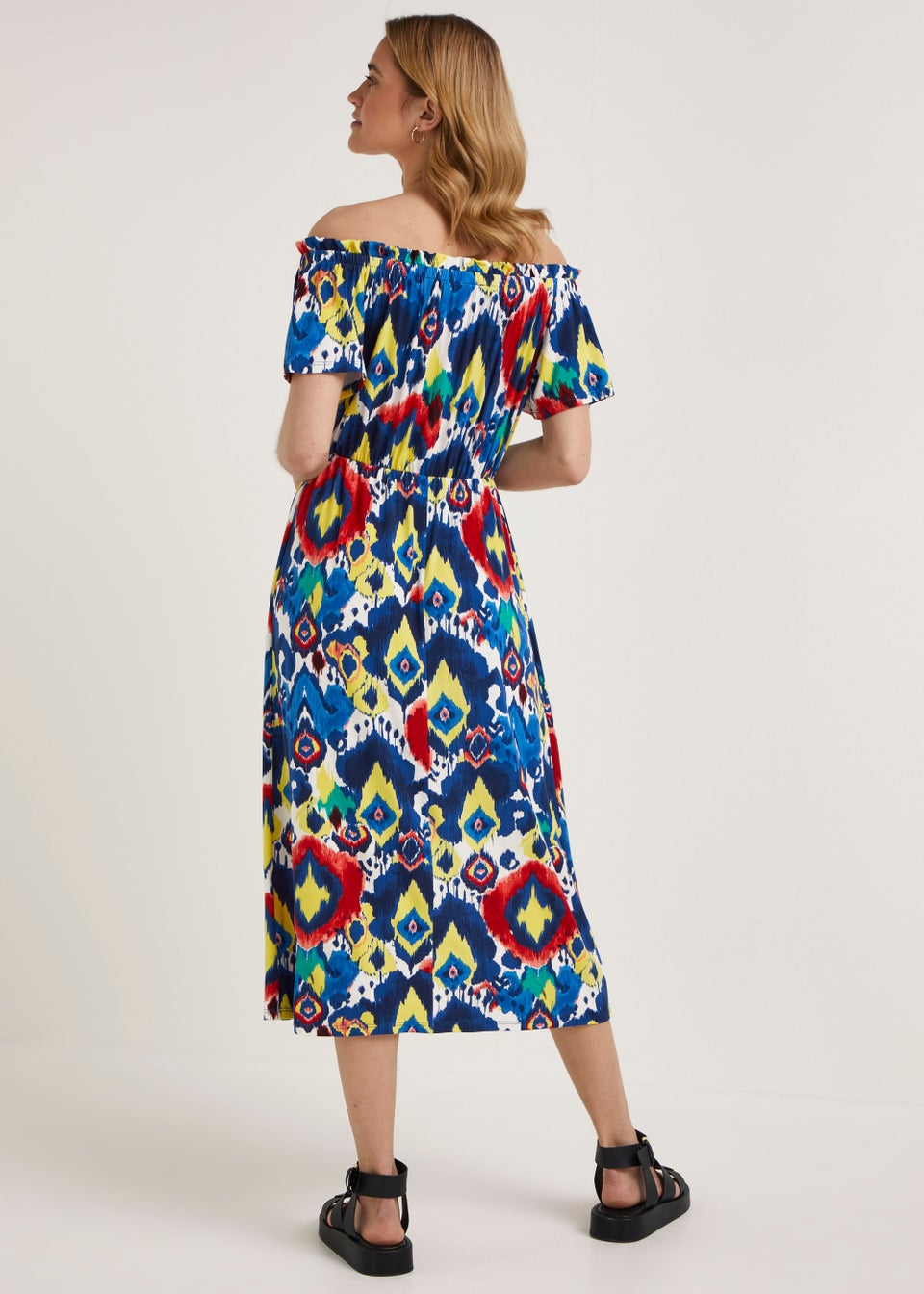 Multicoloured Print Bardot Midi Dress