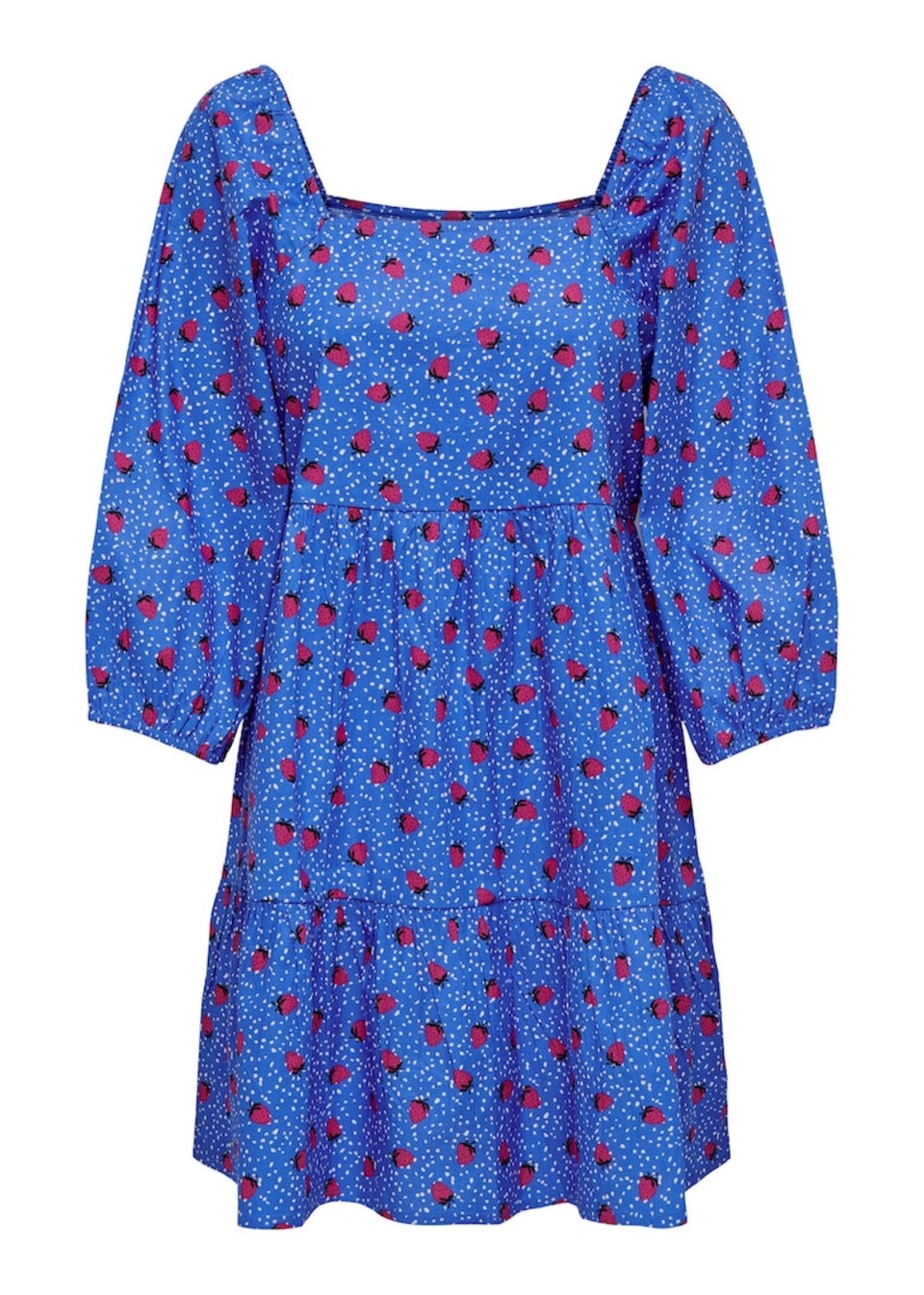 JDY Blue Strawberry Print 3/4 Sleeve Dress