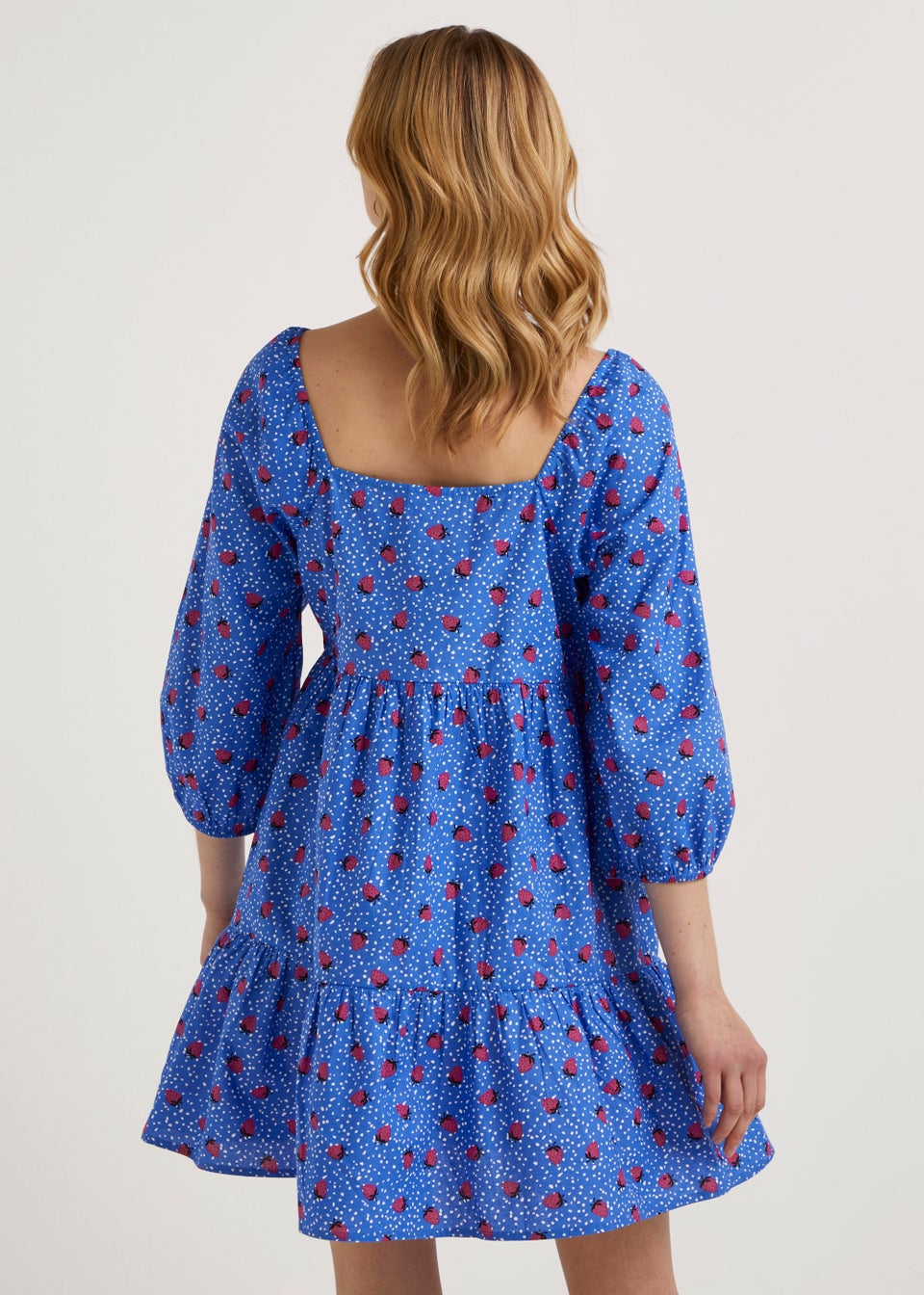 JDY Blue Strawberry Print 3/4 Sleeve Dress