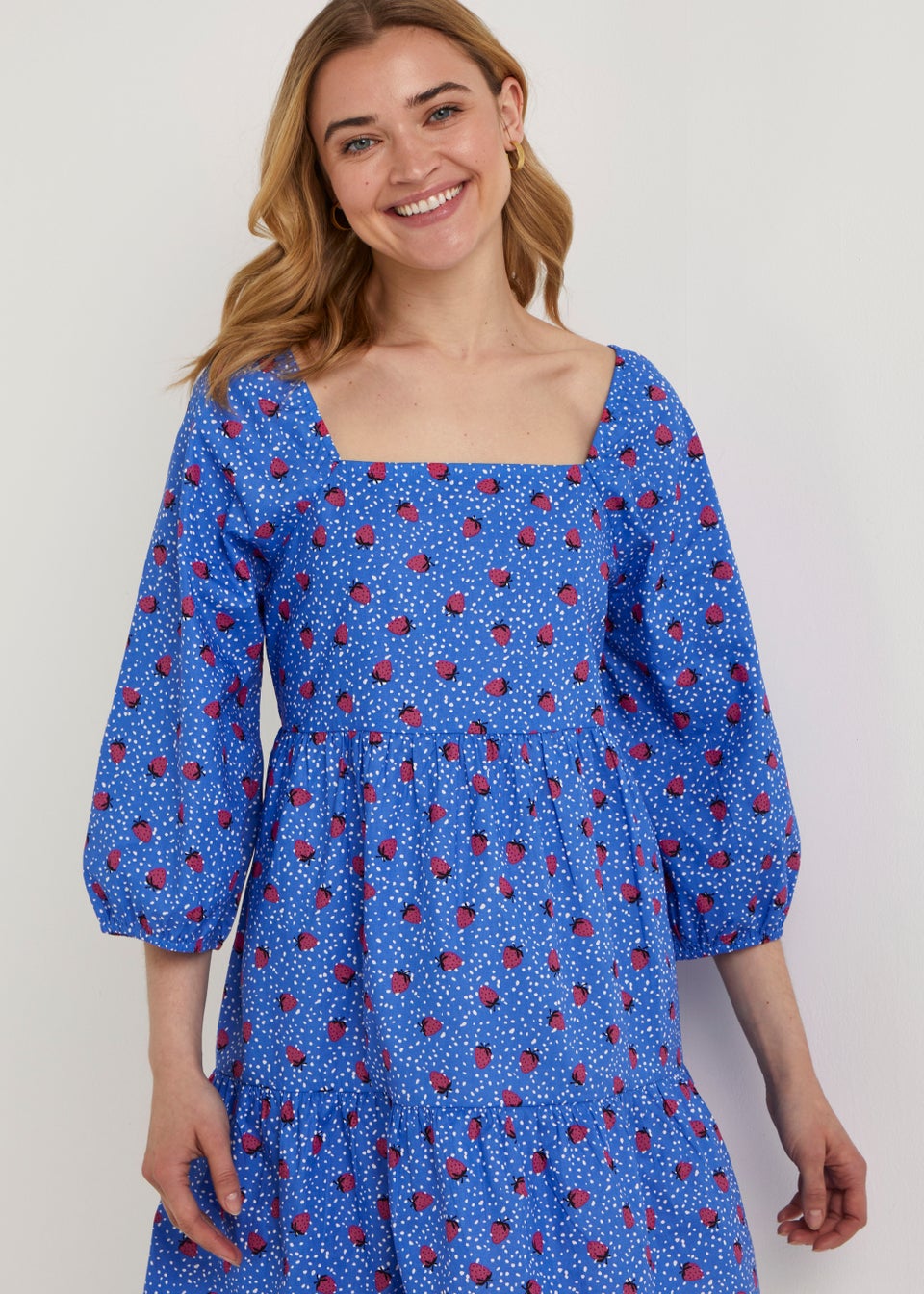 JDY Blue Strawberry Print 3/4 Sleeve Dress