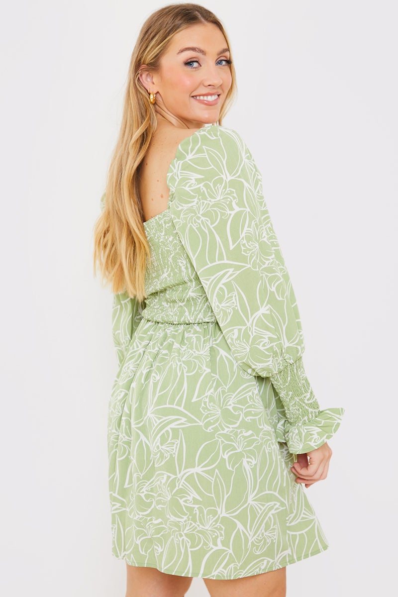 In the Style Jac Jossa Green Floral Milkmaid Mini Dress