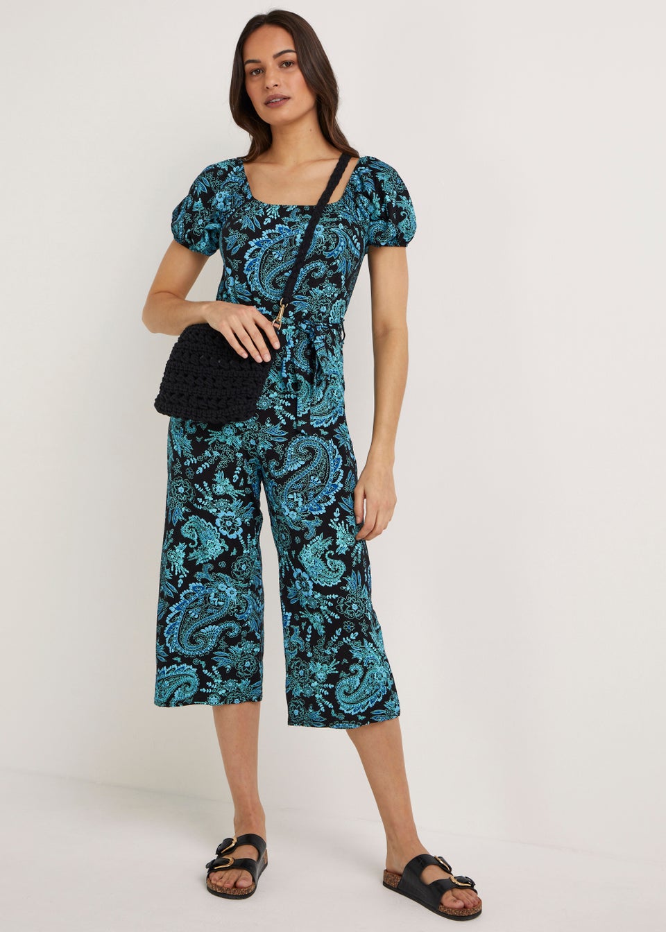 Black Paisley Puff Sleeve Jumpsuit
