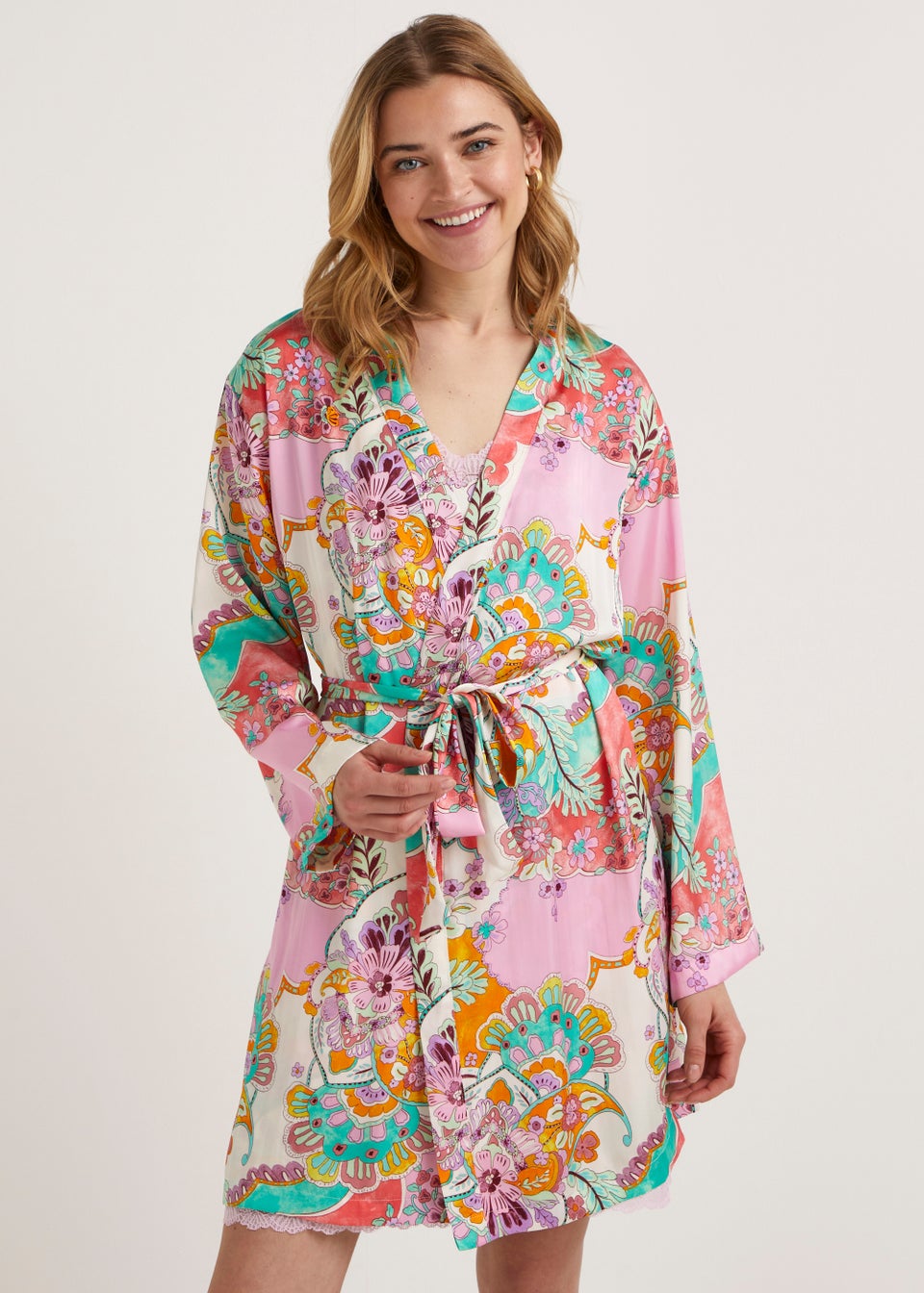 Multicoloured Paisley Satin Kimono Dressing Gown - Matalan