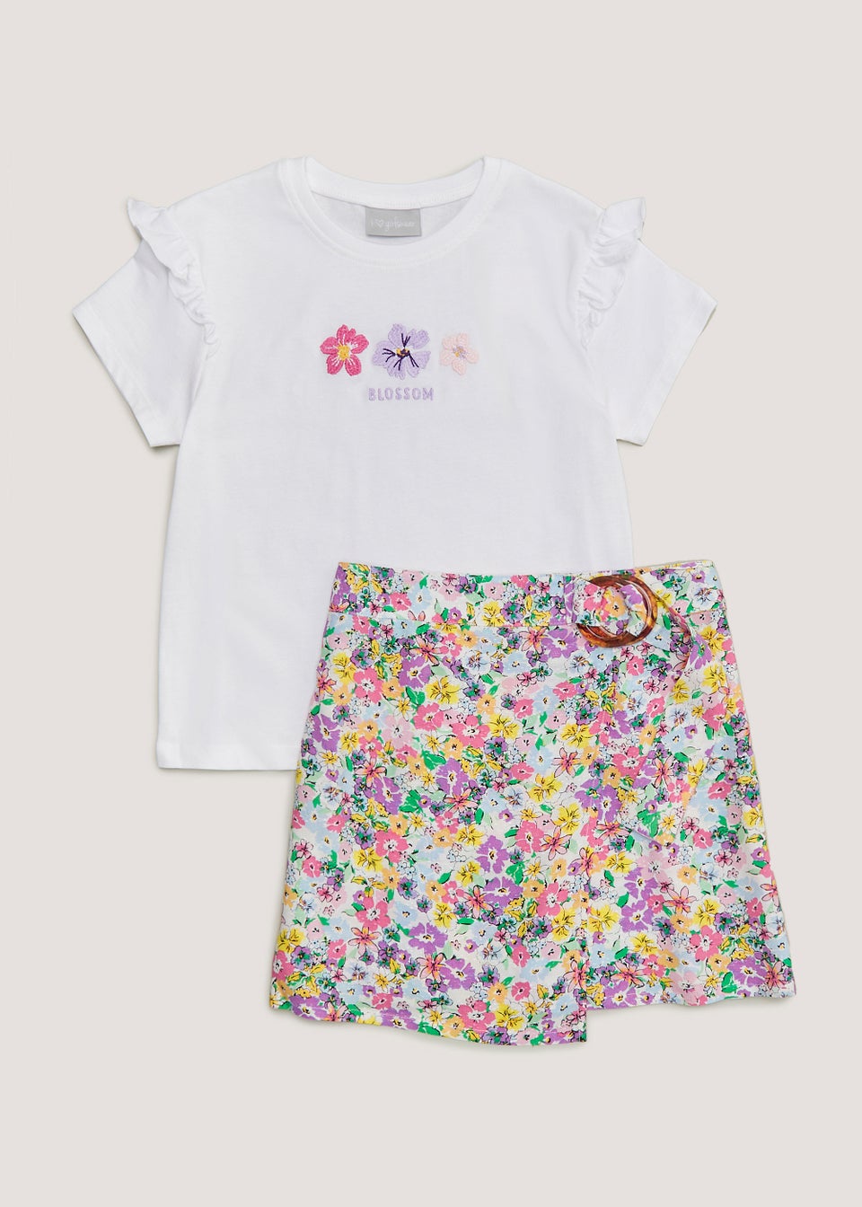 Girls Pink Floral T Shirt Skirt Set 4 13yrs